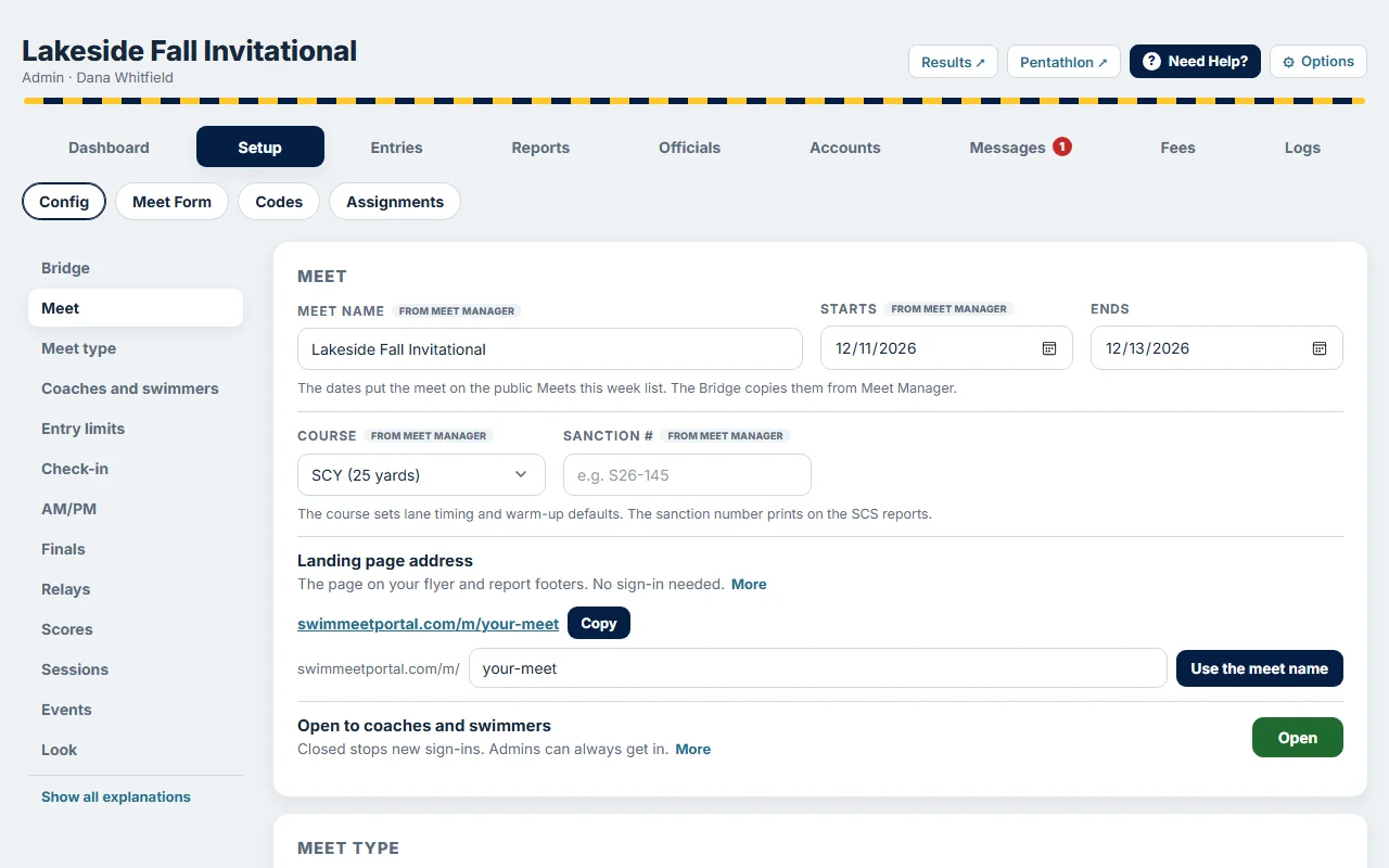 Setup, Config: the meet's settings one line each, with Meet Manager's name, dates and course