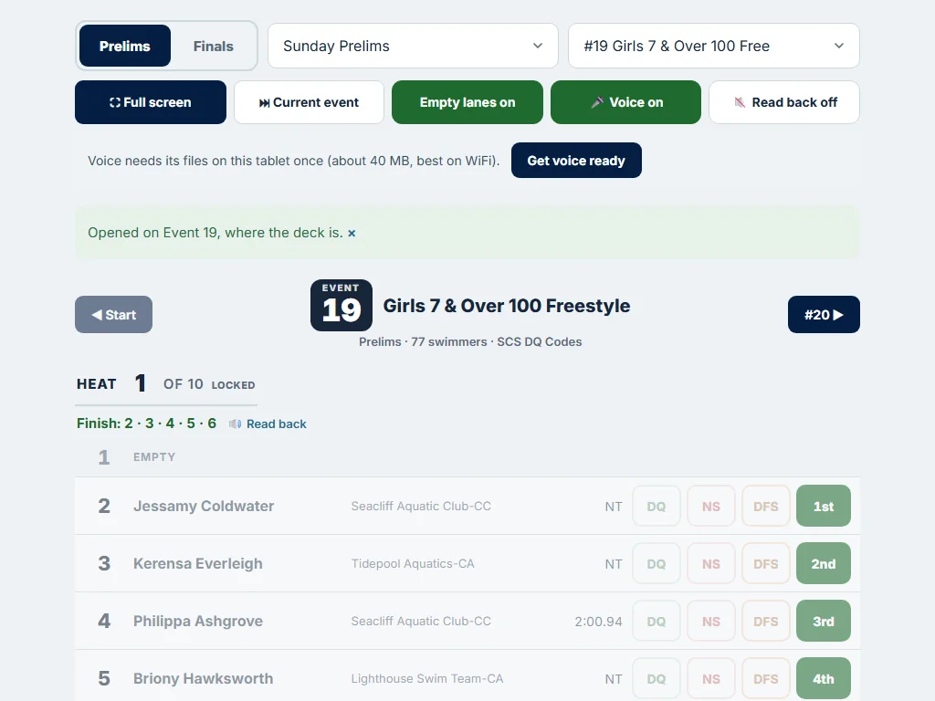 Deck Ops in the admin panel: the round, session and event pickers, the Full screen, Current event, Empty lanes, Voice and Read back switches, then the event the deck is on and its first heat
