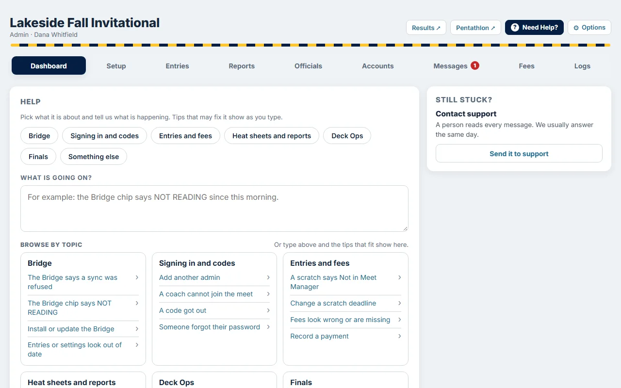 The Help page in the admin panel: a search box, topics, and the Still stuck panel with the SMP Assistant and Contact support