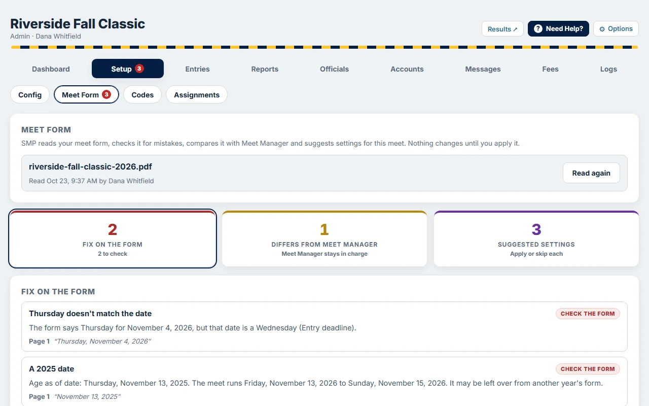 Setup, Meet Form: mistakes to fix on the form, what differs from Meet Manager, and suggested settings with a quote from the form