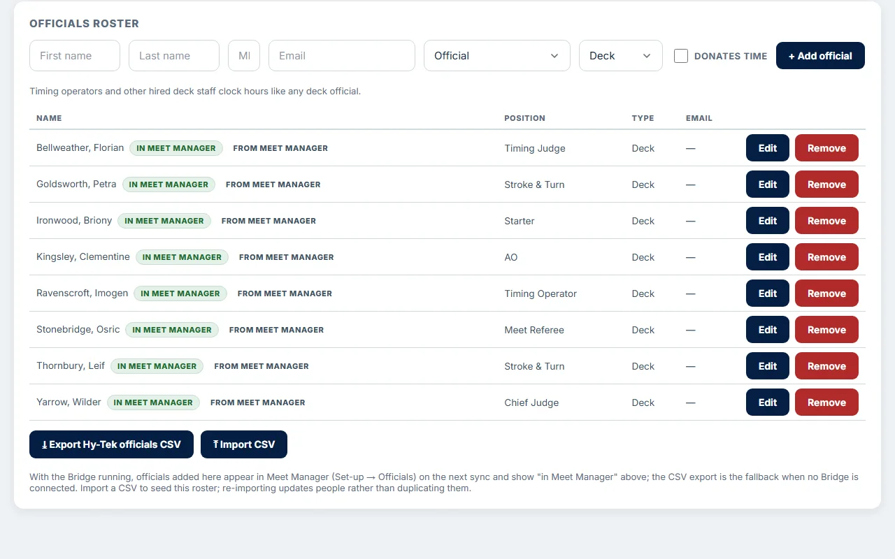 The officials roster in the admin panel: each fictional official's position and type, marked In Meet Manager