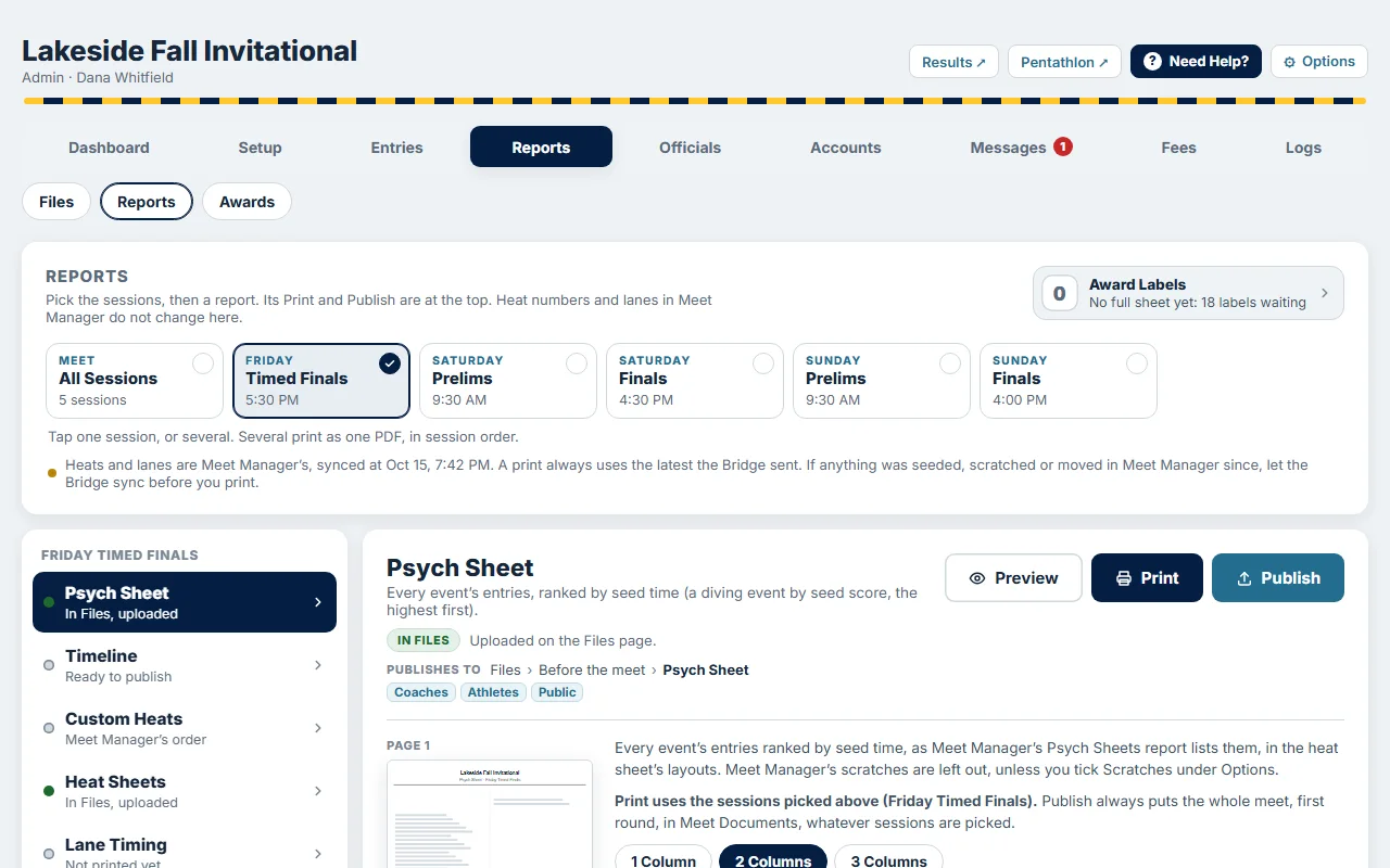 The Reports page: the sessions to print, the list of reports, and the Psych Sheet with its Print and Publish buttons