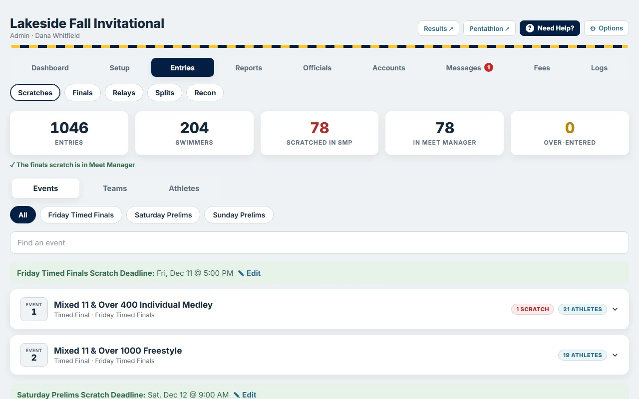 The Entries tab: scratch counts, what is already in Meet Manager, and each session's scratch deadline above its events