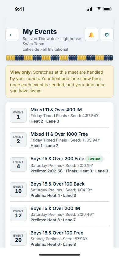 A swimmer's My Events page on a phone: each event with its session, seed time, heat and lane, and the prelims time once swum