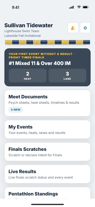 A swimmer's home page on a phone, with the next event and tiles for documents, events, finals and Live Results
