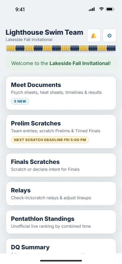 The coach home page on a phone, with tiles for documents, scratches, finals and relays