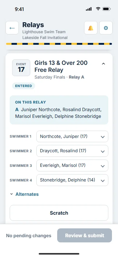 A coach's Relays page on a phone, with one relay open: its four swimmers and the alternates