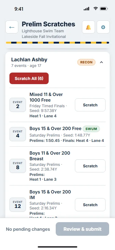 A coach's Prelim Scratches page on a phone, with one swimmer's events, seeds, heats and lanes