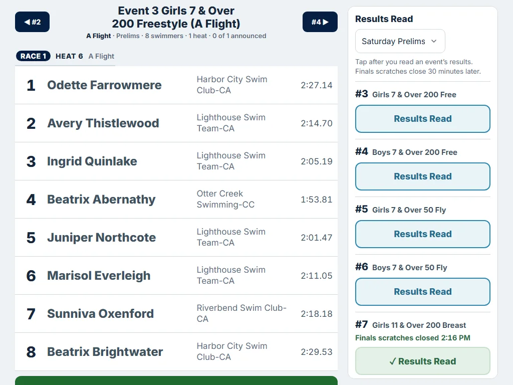 The announcer's screen on a tablet: a heat in large type with names, teams and seed times, and Results Read buttons down the side