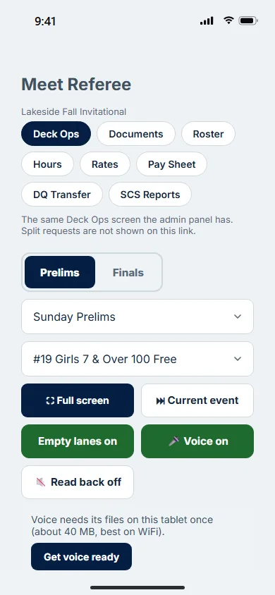 The Meet Referee's link on a phone: Deck Ops, Documents, Roster, Hours, Rates, Pay Sheet, DQ Transfer and SCS Reports