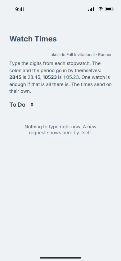 The watch-time runner's link on a phone: how to type the times, and the list of lanes to time