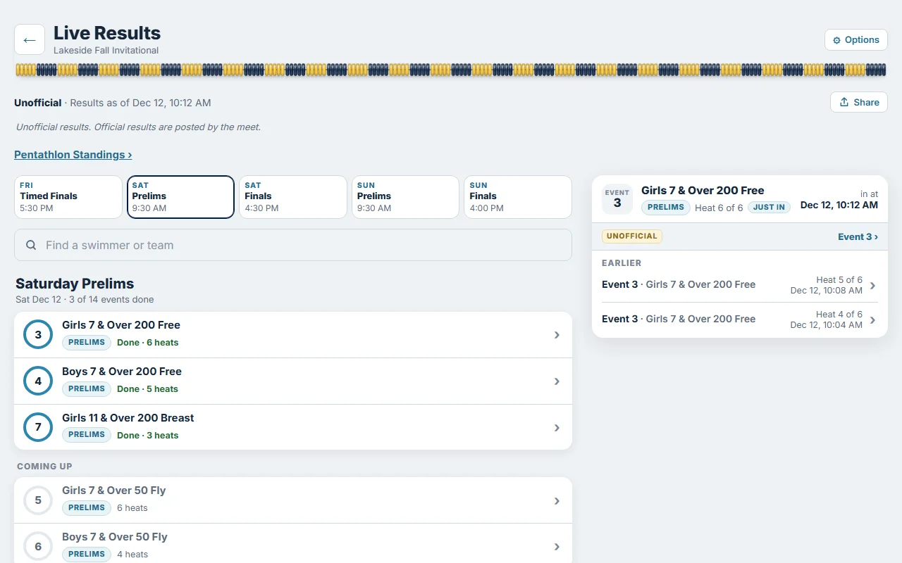 Live Results on a computer: the session tiles, the events that are done and coming up, and the heat that just came in