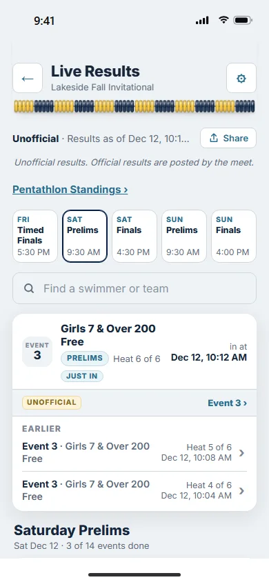 Live Results on a phone: the session tiles, a search box and the heat that just came in