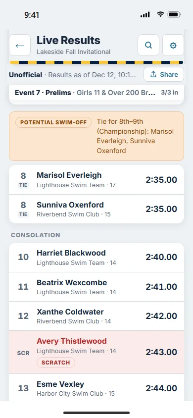 Live Results on a phone: an event's prelims by place, with a swimmer's finals scratch marked